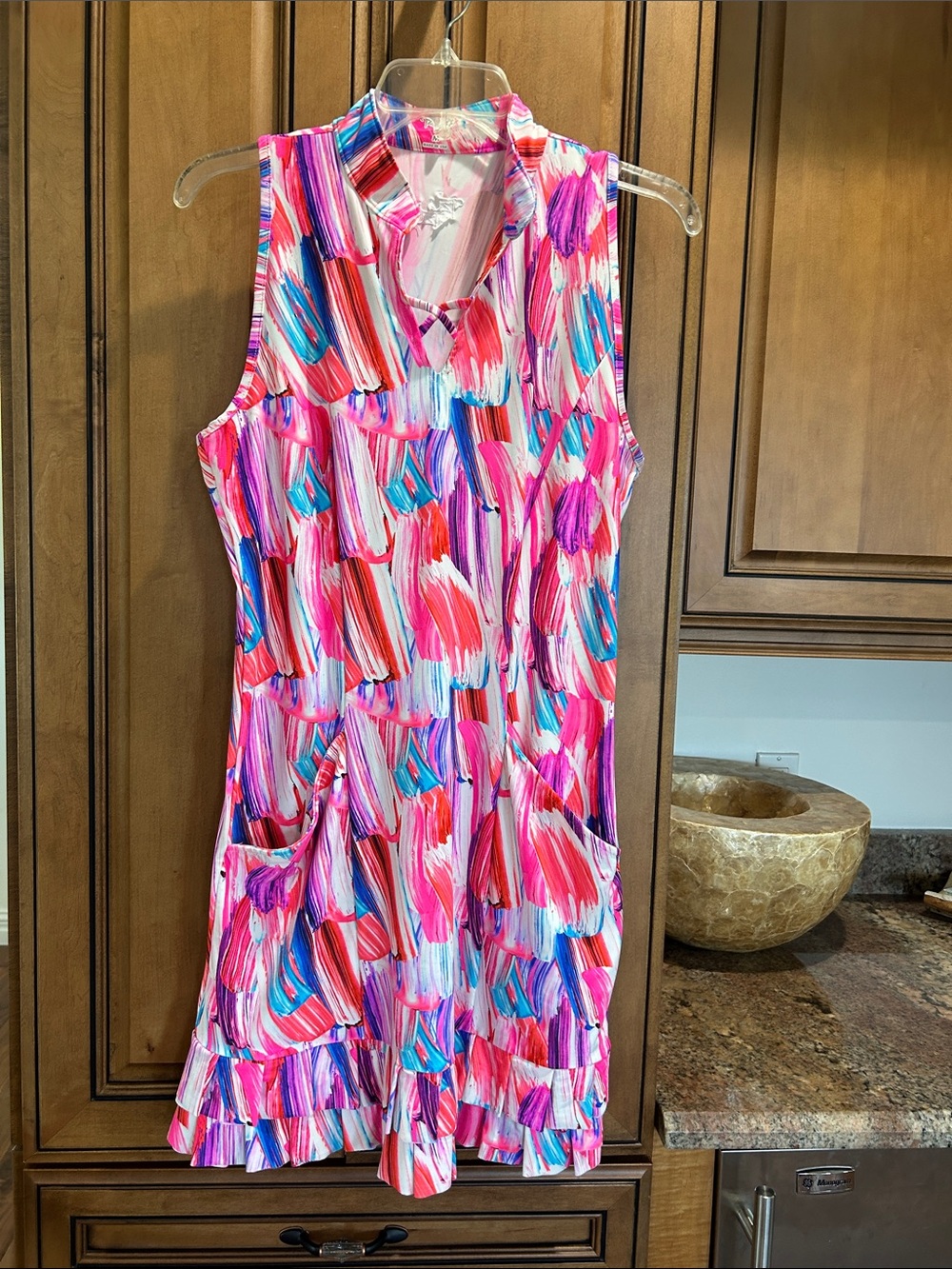 Tzu Tzu Sleeveless Mini golf/tennis Dress in Pink, Red & Blue Brushstroke Print